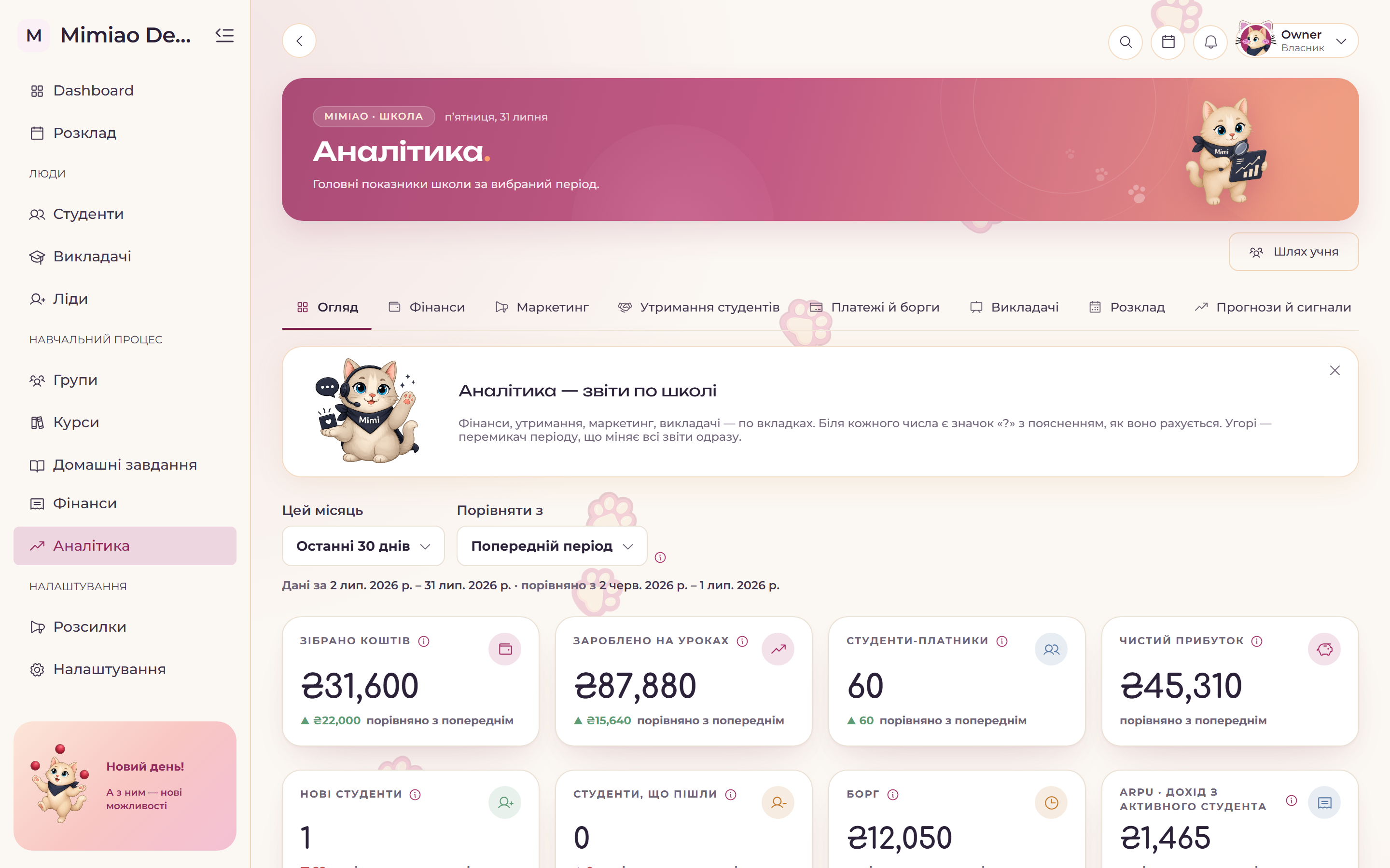 Дашборд власниці школи